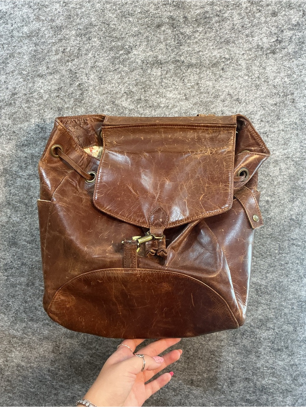 Joyn Brown Leather Backpack With Floral Lining